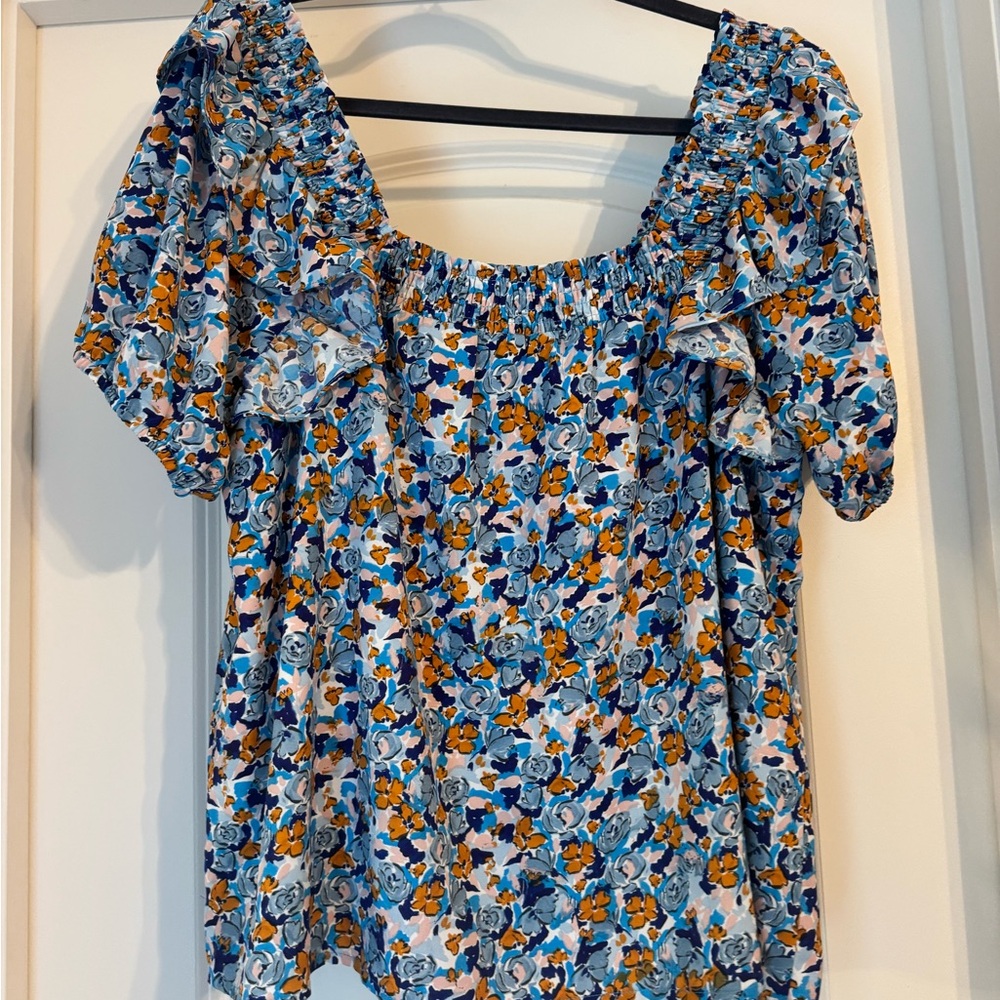 Joy Joy Blue Floral Off-Shoulder Blouse with Yellow Accents